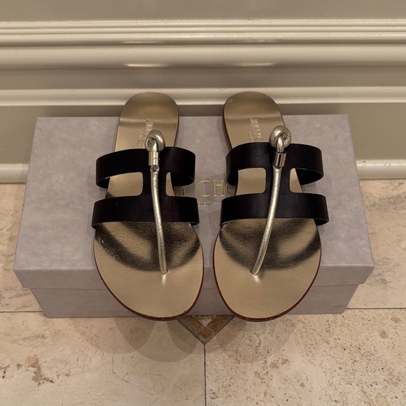 Jimmy Choo Black Leather and Gold Toe-Ring Slide Sandals